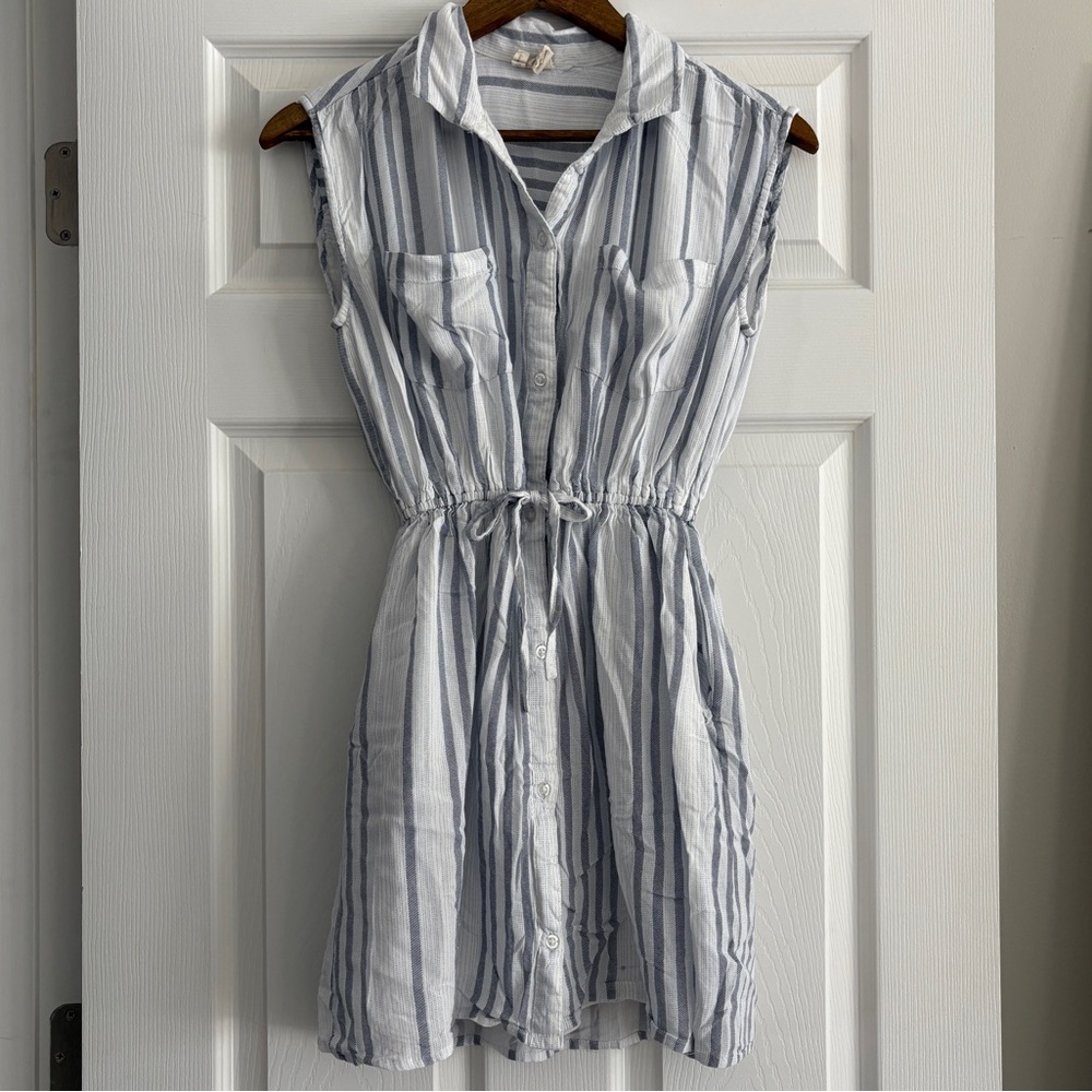 Japna White and Light Blue Striped Sleeveless Shirt Dress